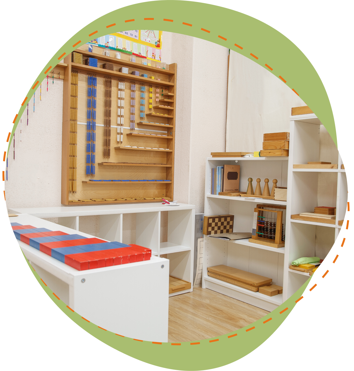 A room with shelves and a bench in it