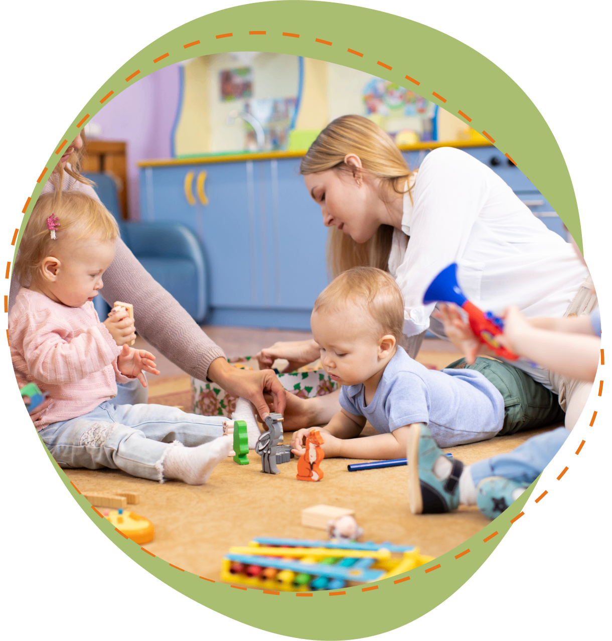 A woman and two children playing with toys.