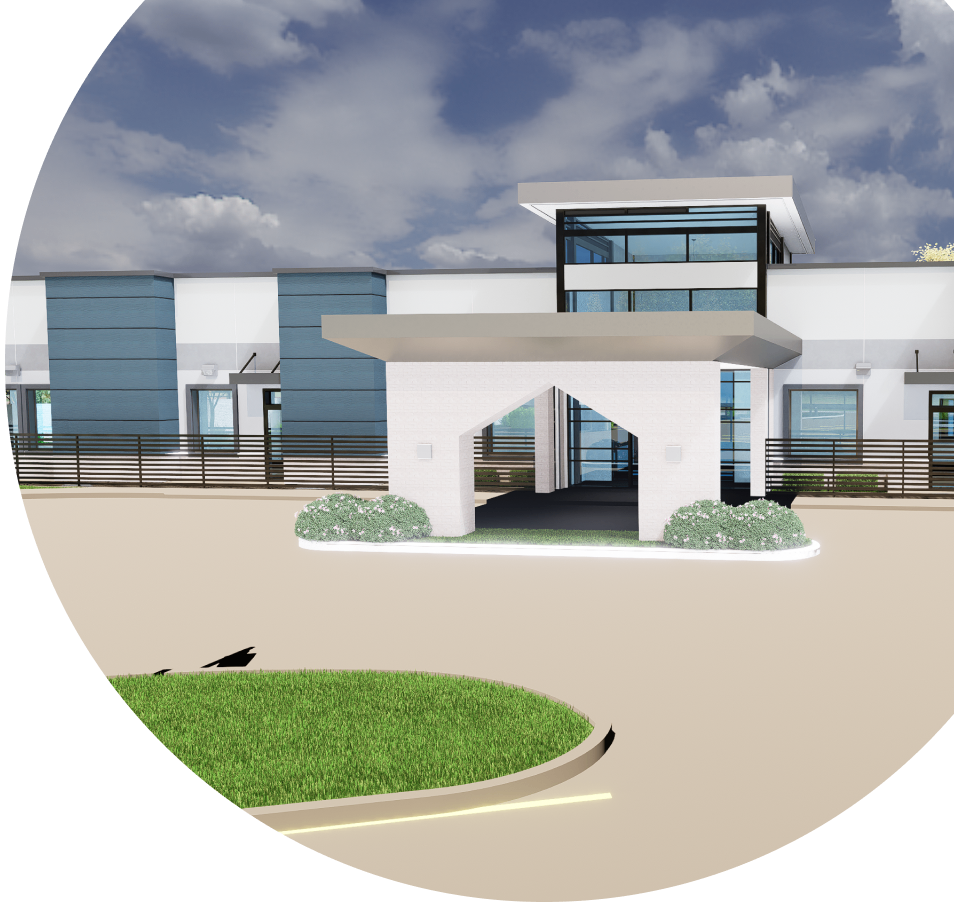 A rendering of the exterior of an office building.