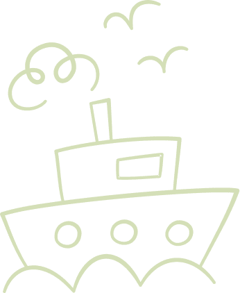 A green drawing of a boat with seagulls flying above it.